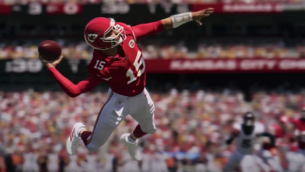 A screenshot from Madden 24 featuring a player throwing the football.