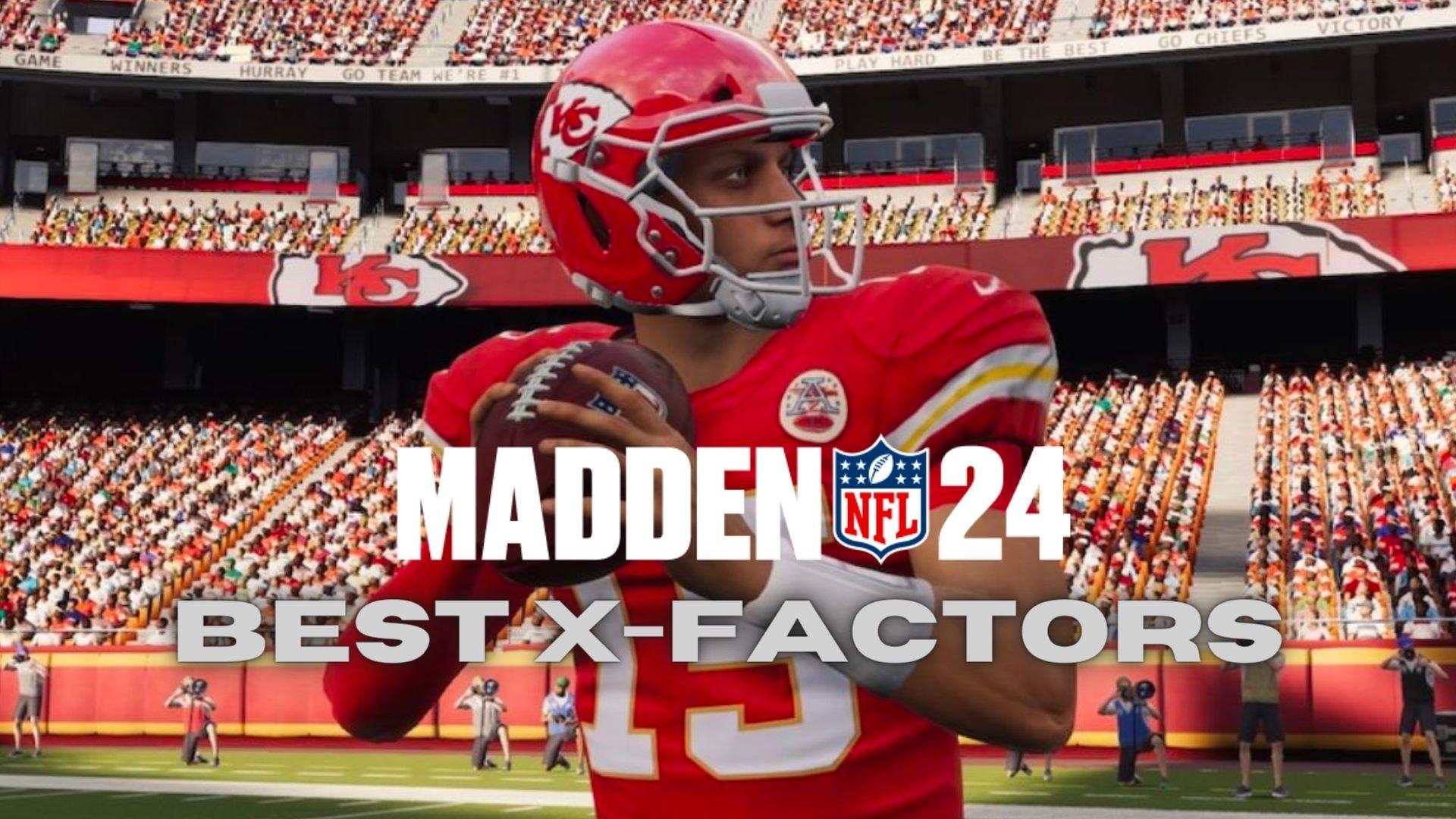 Patrick Mahomes in Red Kansas City Chiefs jersey looking to pass in Madden