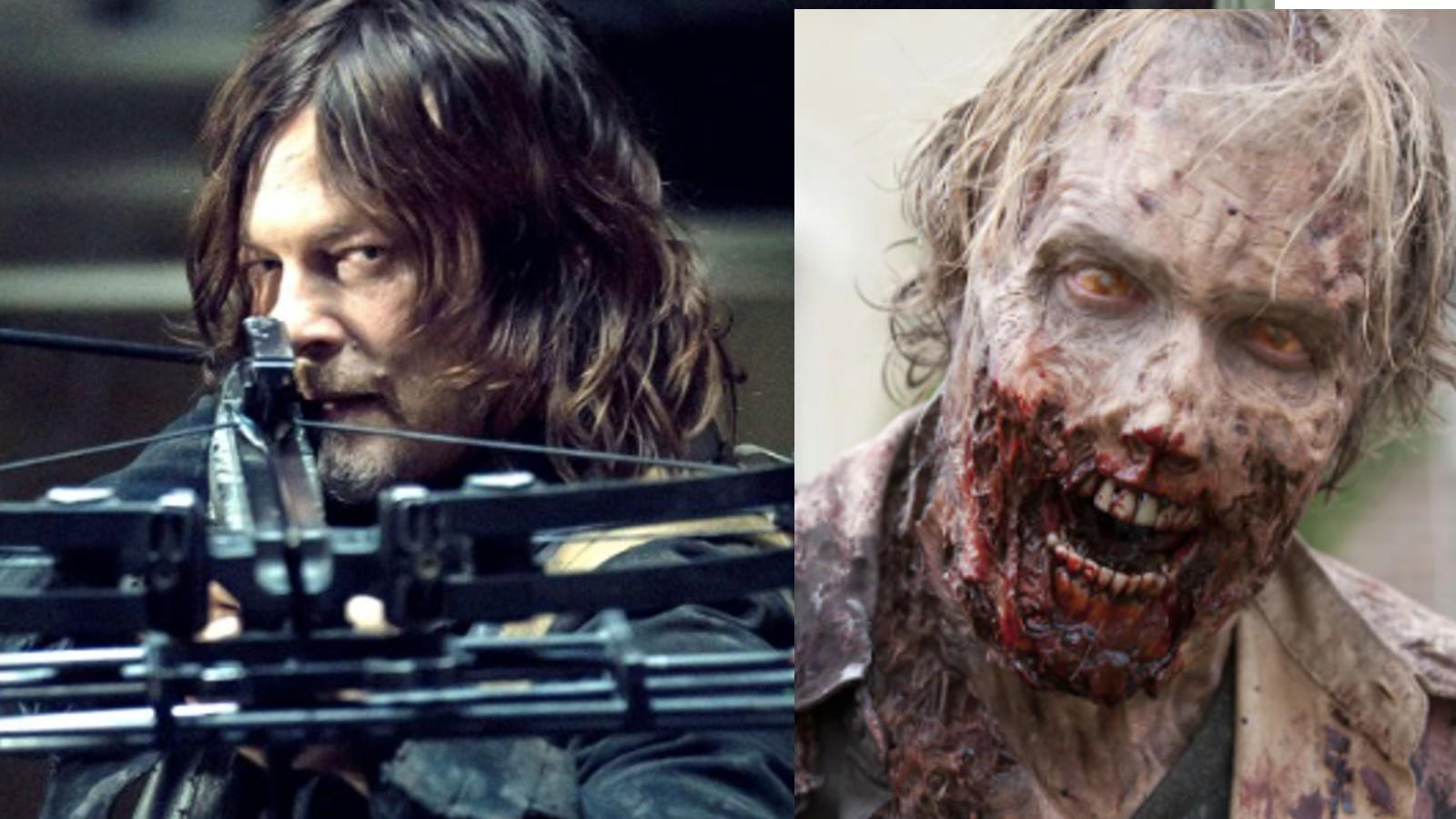 Daryl Dixon holds a cross bow and a Walker from The Walking Dead