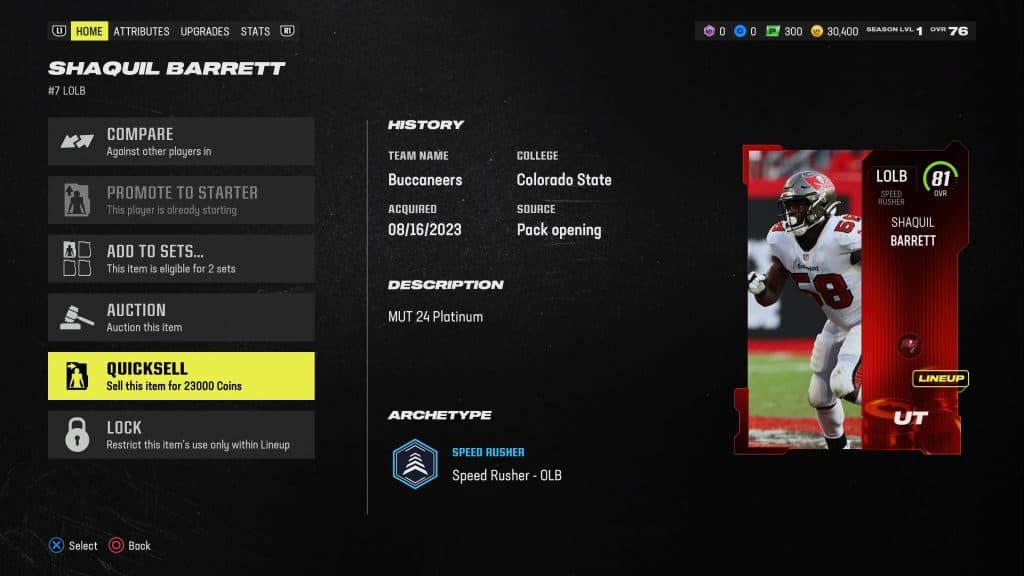 Screenshot of Madden 24 with coins quicksell values