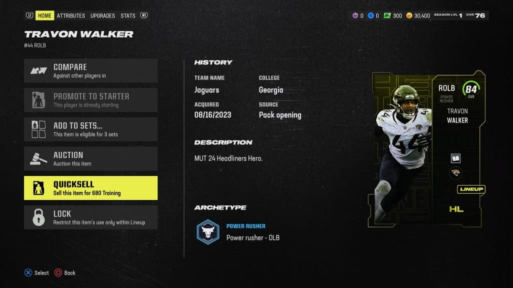Screenshot of Madden 24 menu with players training quicksell value