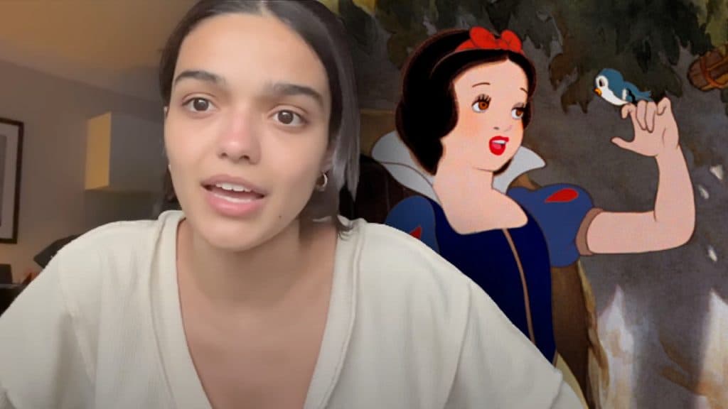 Rachel Zegler in a YouTube video and a still from Disney's Snow White