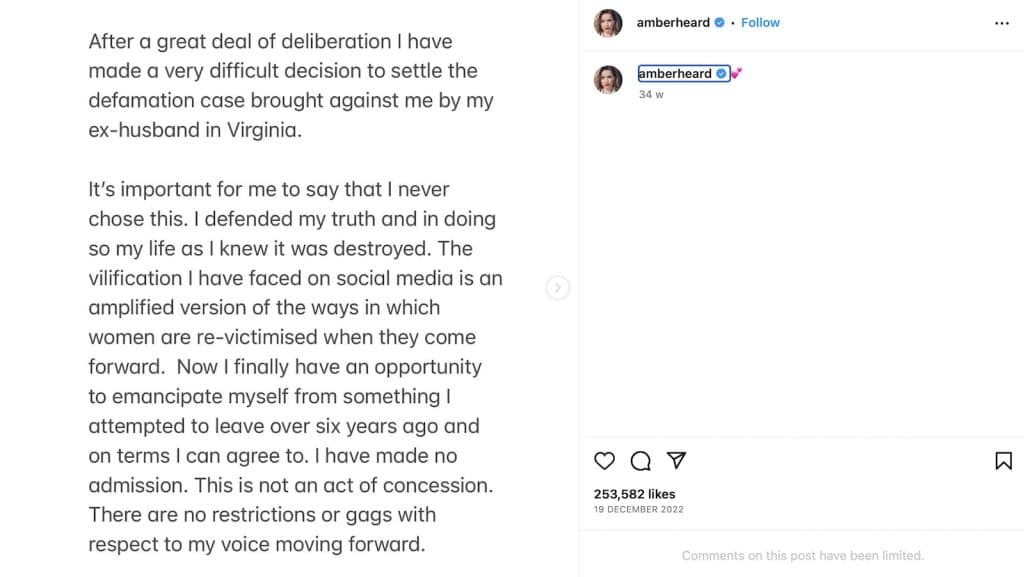 Still of Amber Heard's statement on Instagram