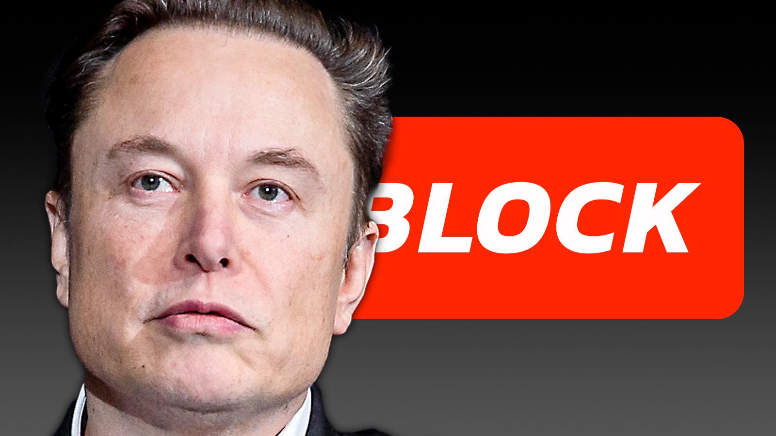 Elon Musk with a block button behind him representing X
