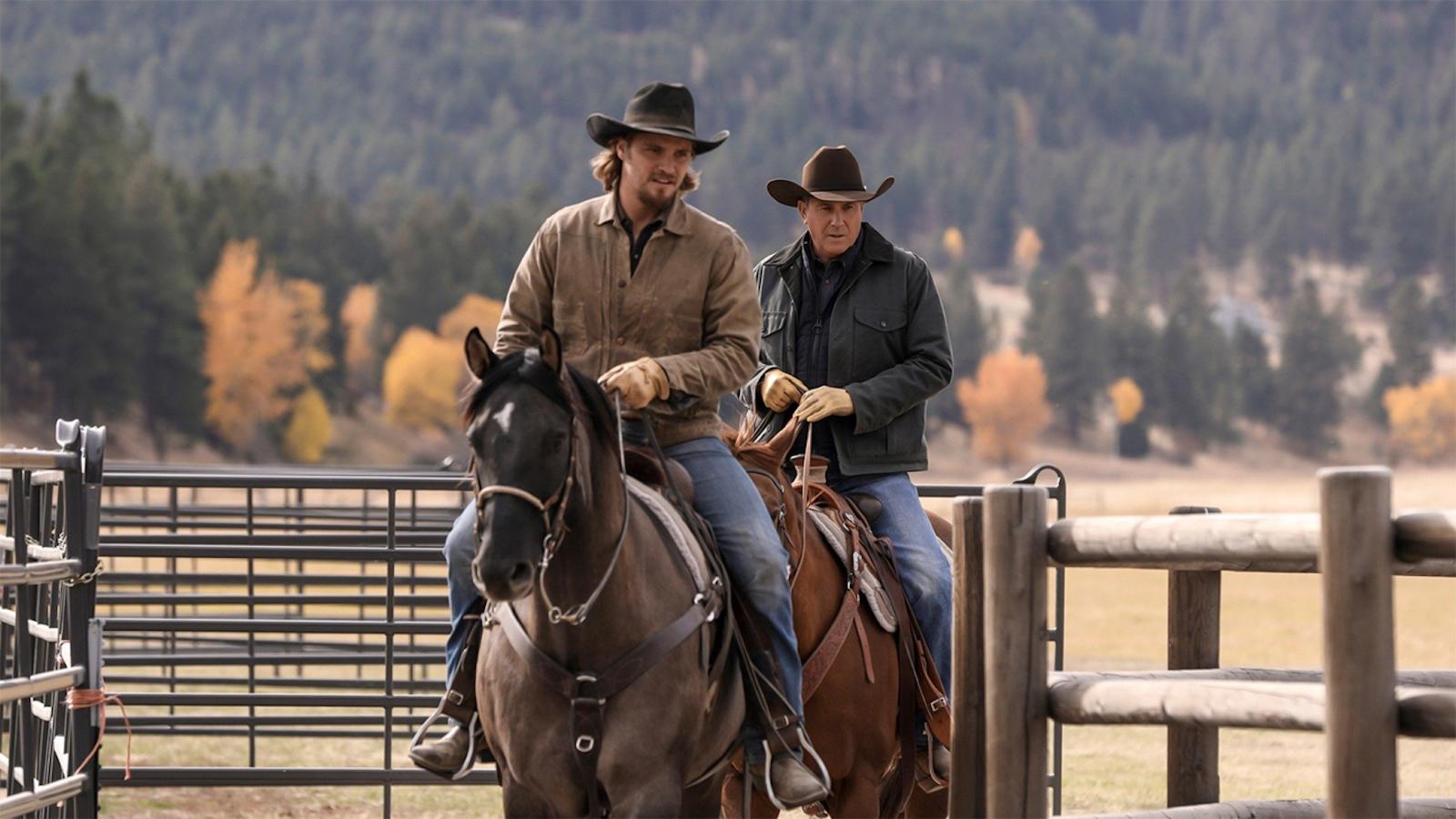 Luke Grimes as Kayce Dutton and Kevin Costner as John Dutton in Yellowstone