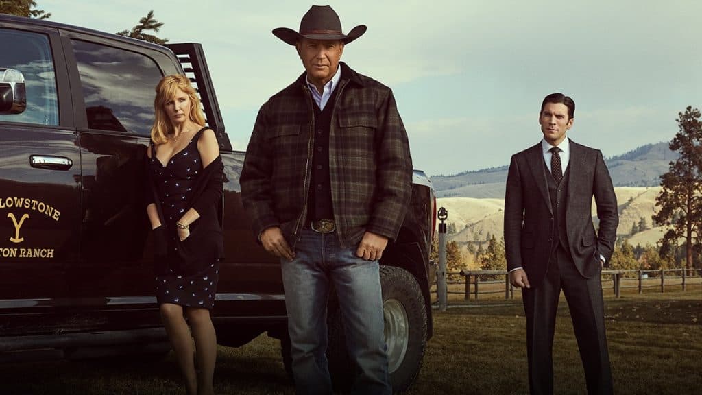 Kelly Reilly as Beth Dutton, Kevin Costner as John Dutton, and Wes Bently as Jamie Dutton in Yellowstone.