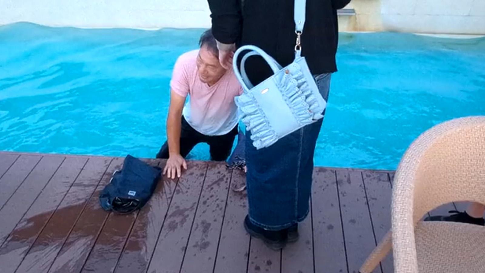 Man ends up in pool after getting distracted by IRL Twitch streamer