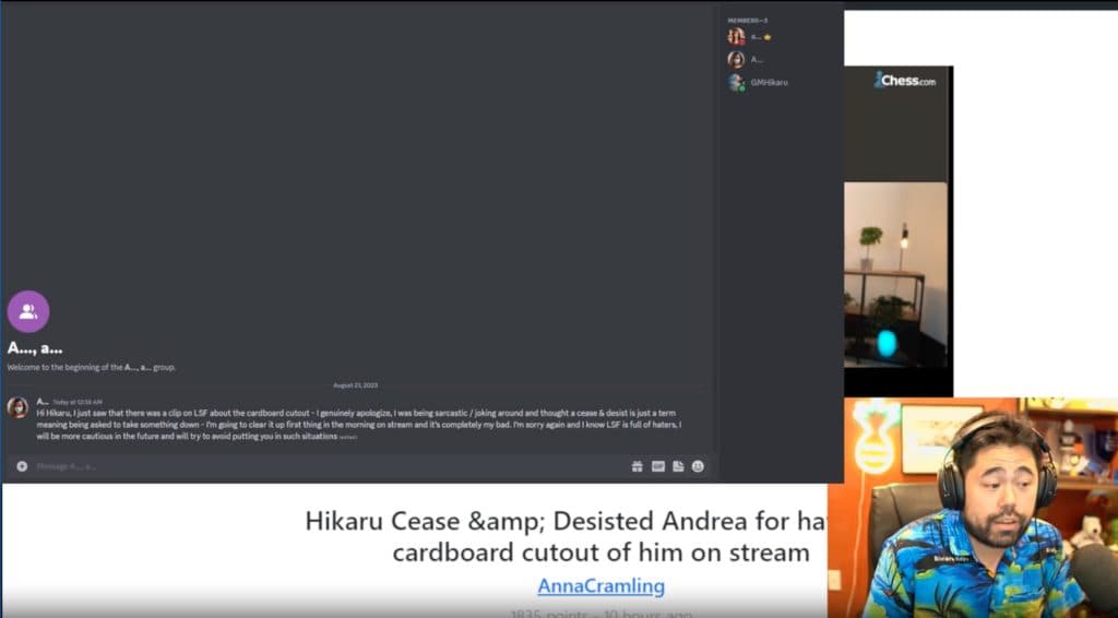 Hikaru showing DM from Andrea apologizing for cease and desist statement