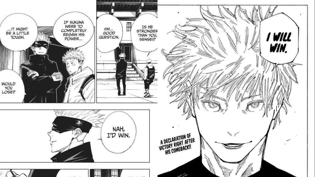 Two panels from JJK manga featuring Gojo's confidence in defeating Sukuna