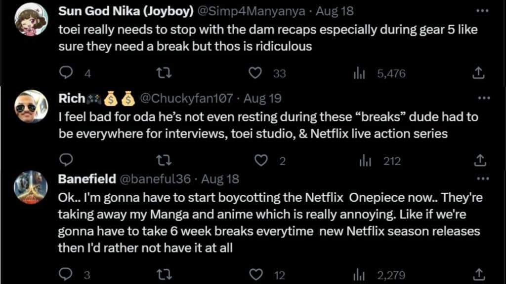 Fans' comment on One Piece chapter and episode break