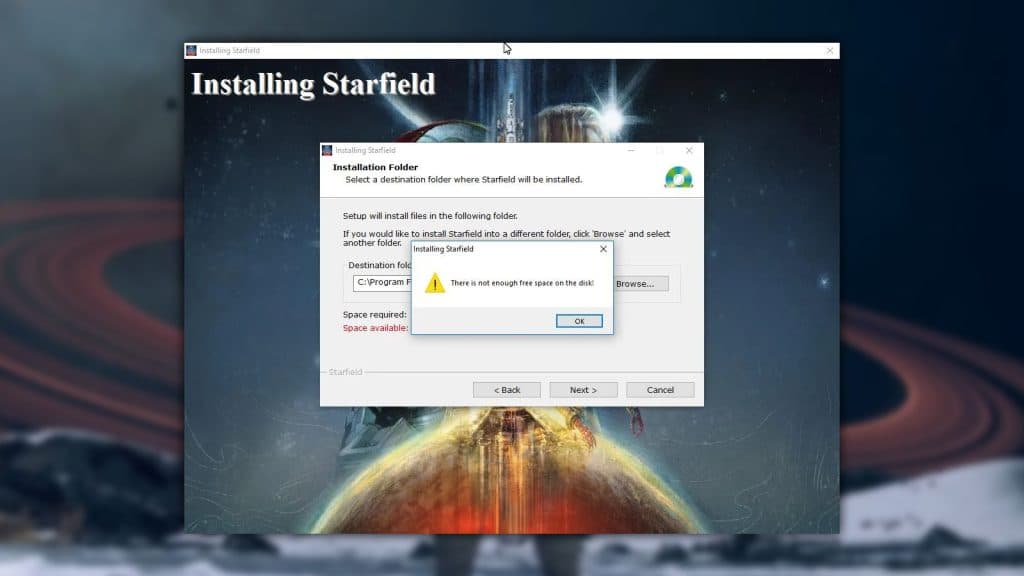 Starfield malware being installed with a no storage available error