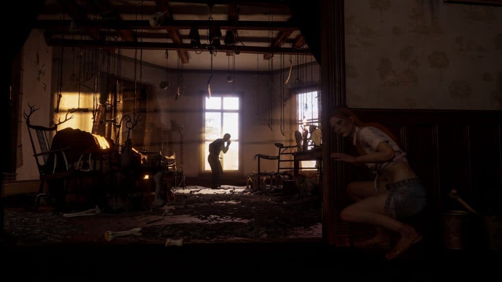 A screenshot from The Texas Chainsaw Massacre game featuring a victim hiding from a killer.