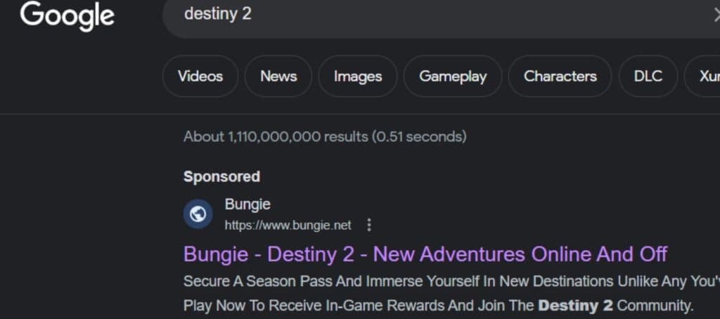 Destiny 2 URL on Google