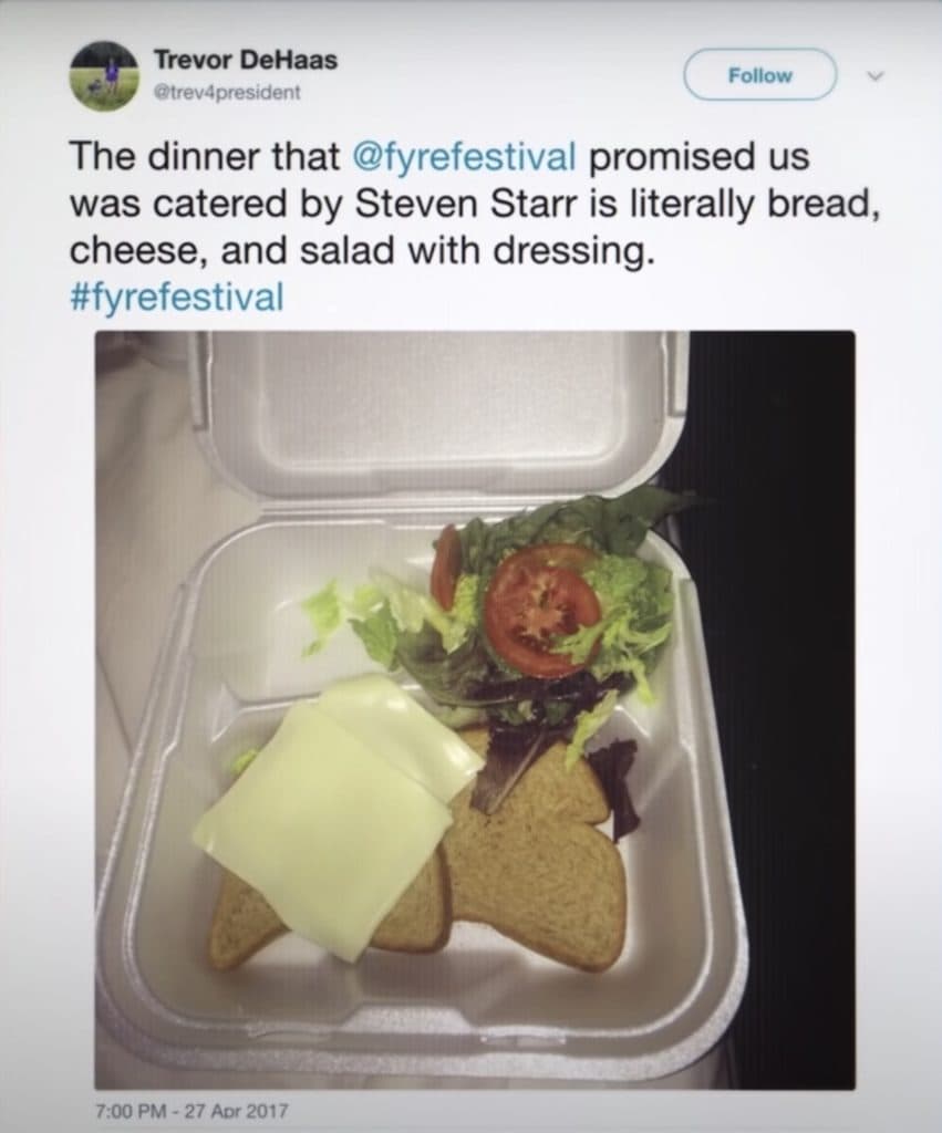 Tweet about Fyre Festival's cheese sandwich