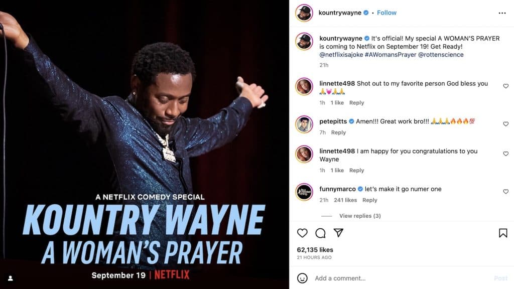 Kountry Wayne's Instagram post about his Netflix comedy special release date