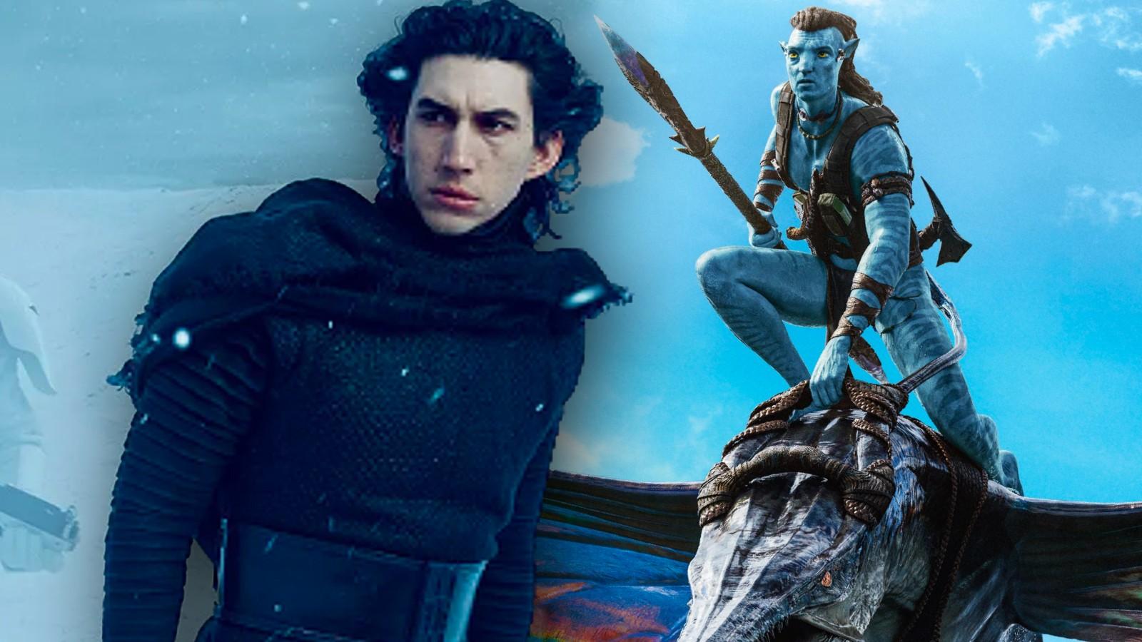 Kylo Ren in Star Wars: The Force Awakens and a poster for Avatar: The Way of Water, two of the most expensive movies ever made