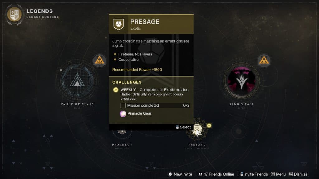 Destinations tab where players can access new Exotic Mission Rotator weekly activity.