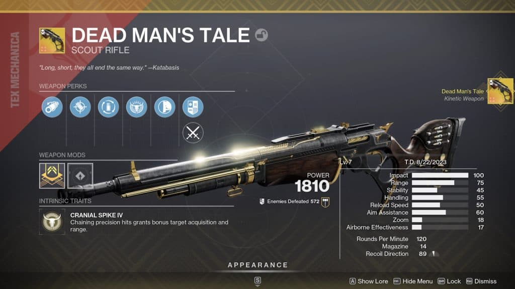 Dead Man's Tale craftable god roll in Destiny 2.