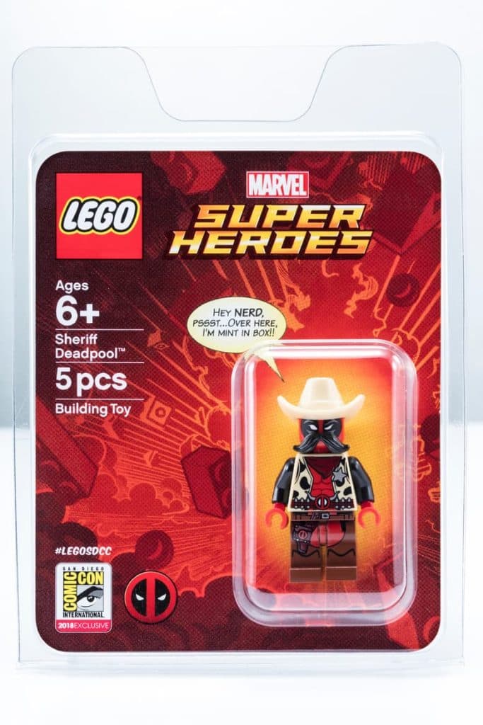 SDCC 2018 Sheriff Deadpool LEGO minifigure in its original packaging.