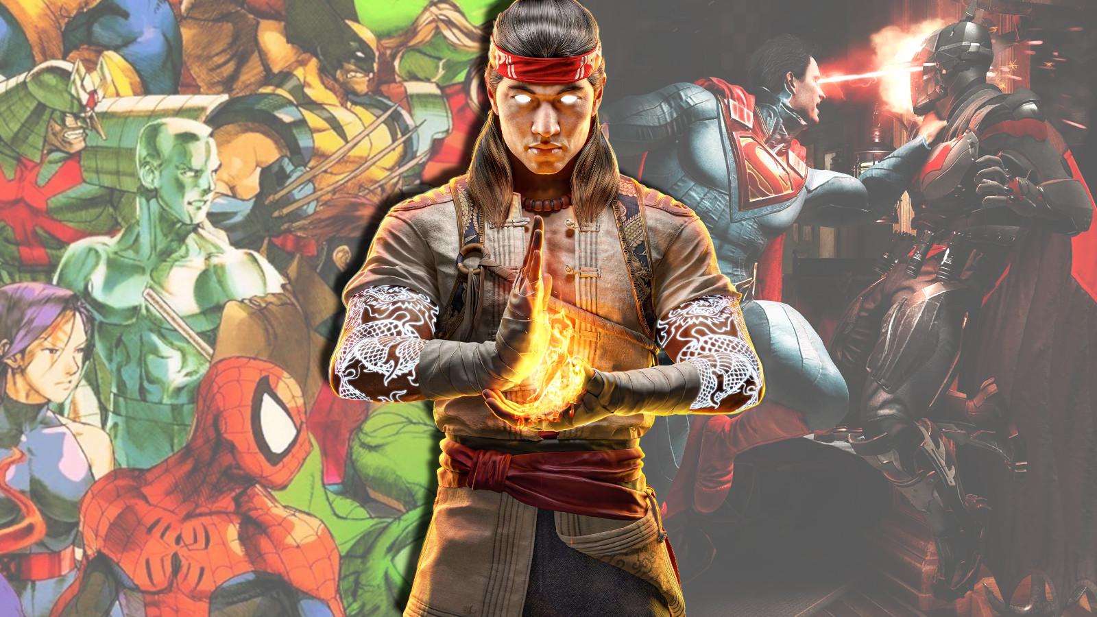 Fire God Liu Kang in front of art of Marvel vs. Capcom 2 and Injustice 2.