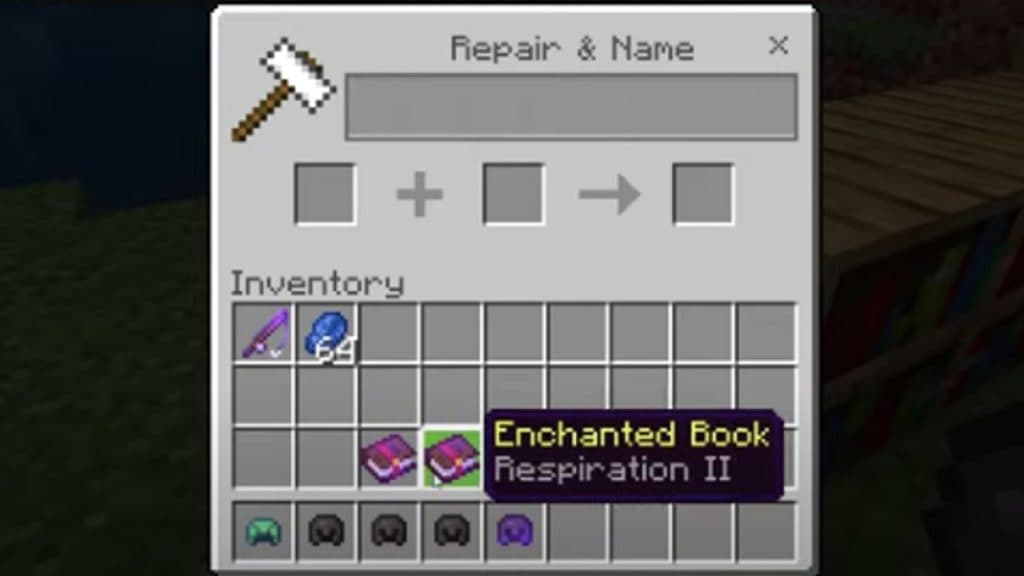 An image of the crafting system to create a respiration enchantment in Minecraft.