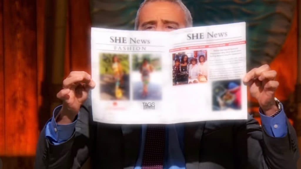 Andy Cohen reading Sheree Whitfield's newspaper parody.