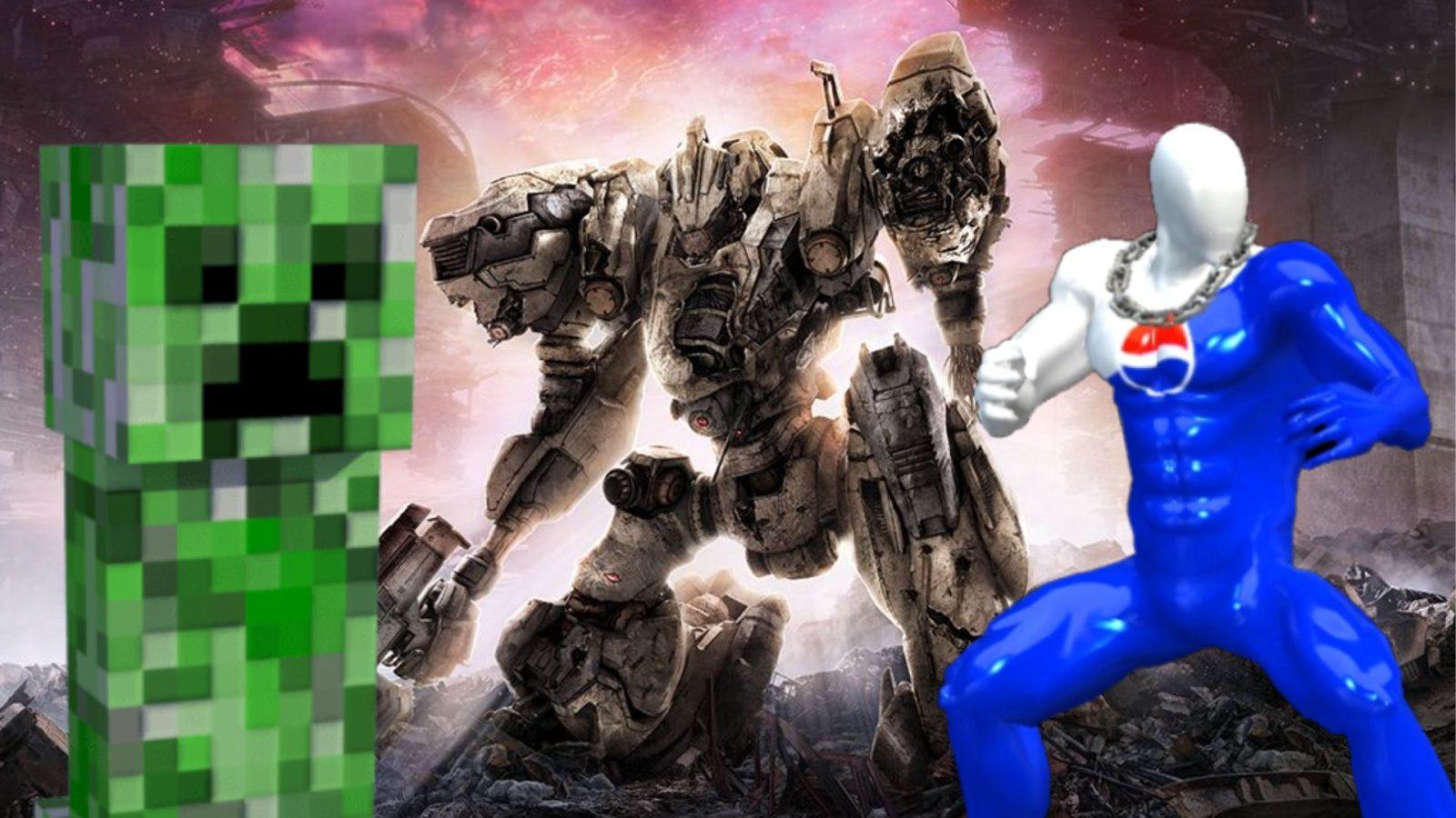 armored core 6 mech with minecraft creeper and pepsi man