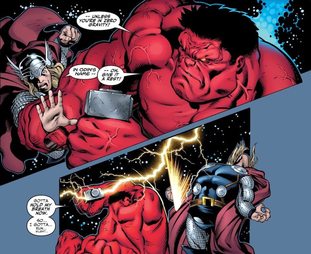 Red Hulk melawan Thor di luar angkasa.