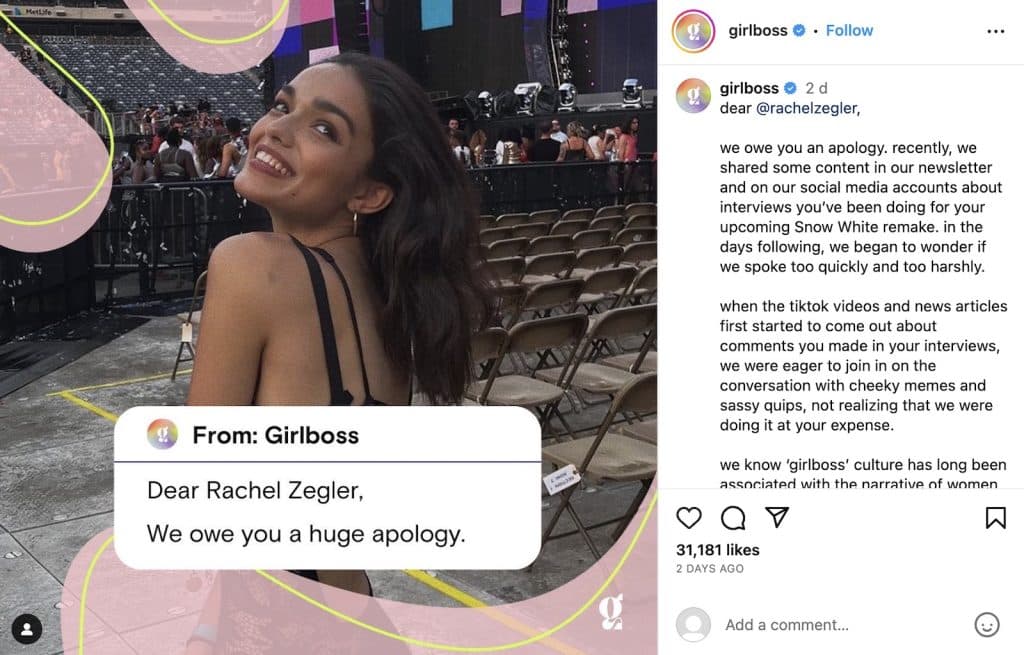 Girlboss' Instagram apology to Rachel Zelger