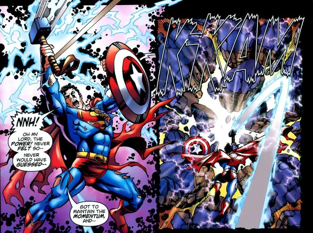 Superman menggunakan perisai Cap dan Mjolnir