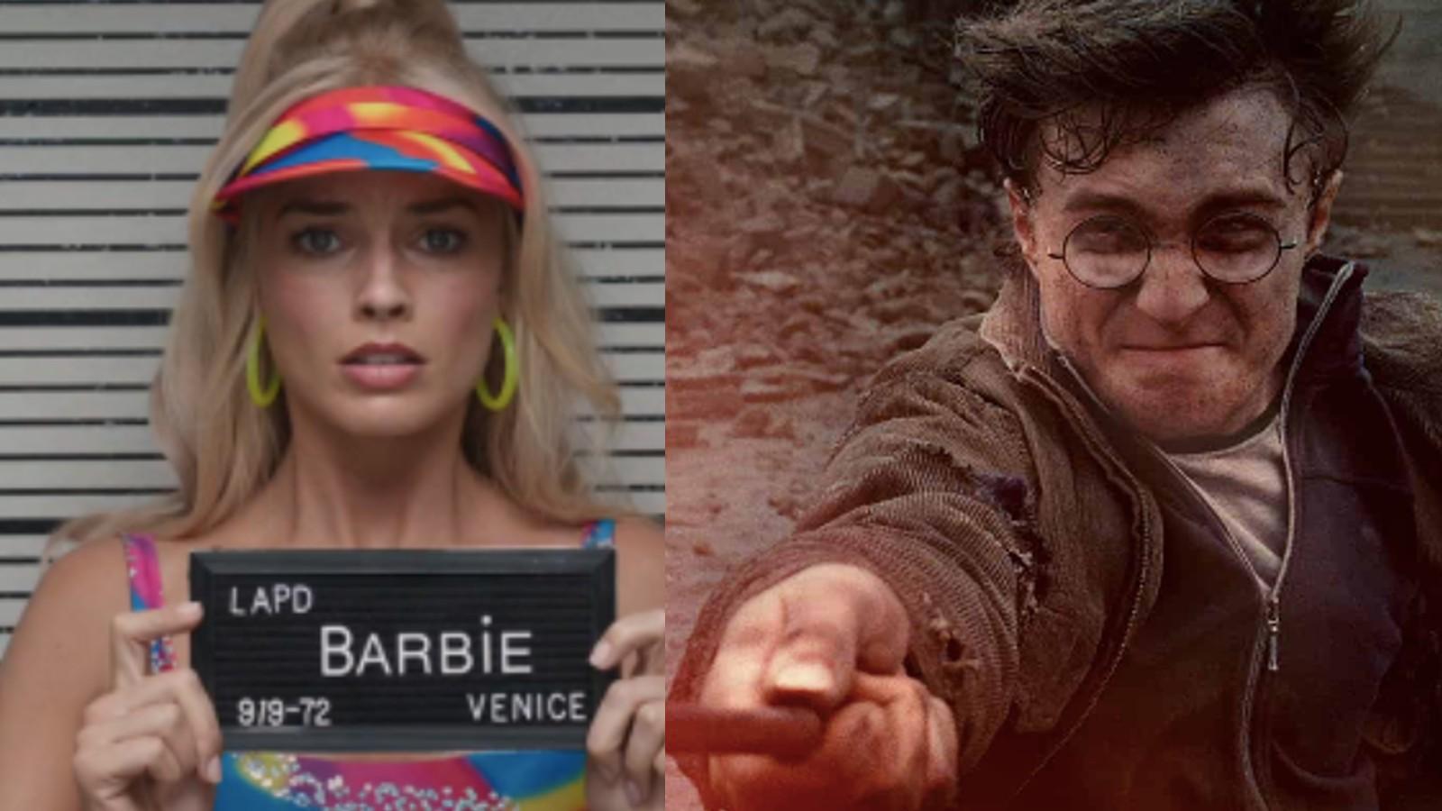 Margot Robbie as Barbie and Daniel Radcliffe as Harry Potter