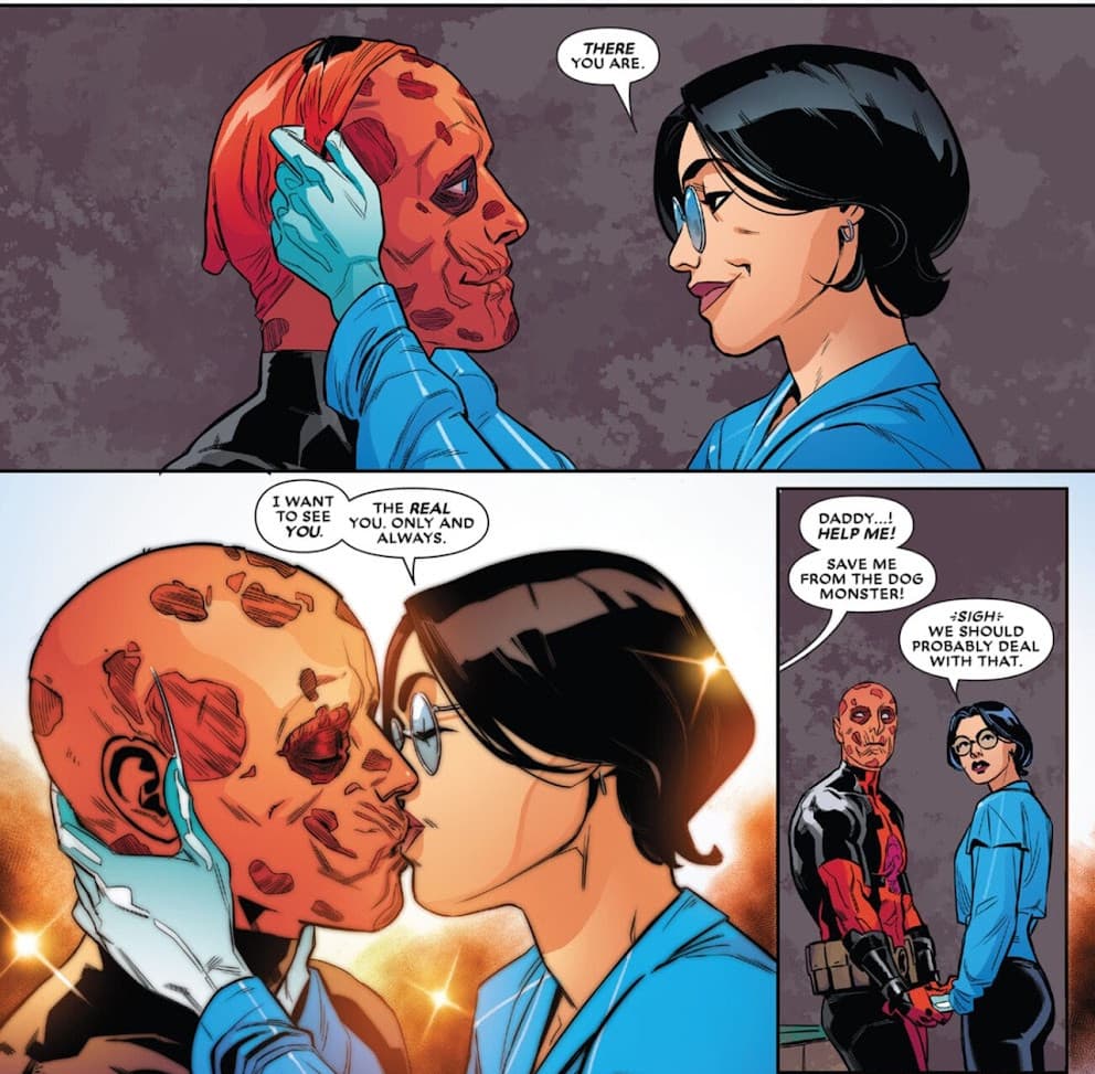 Deadpool's true face is revealed by Valentine.