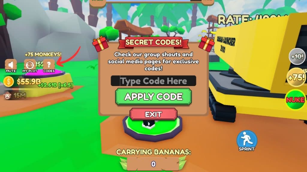 Using codes in Monkey Tycoon