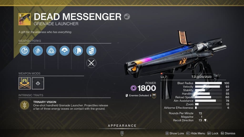 Dead Messenger Exotic weapon overview in Destiny 2.