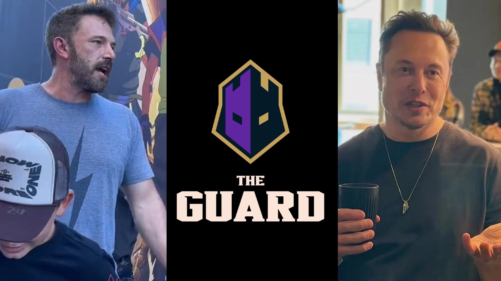 The Guard logo in the middle with Ben Affleck to the left and Elon Musk to the right