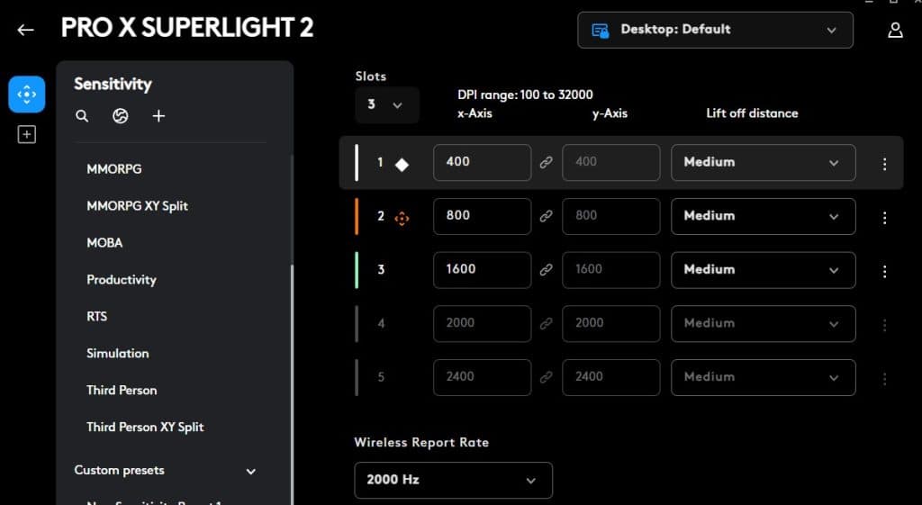 G Pro X 2 Superlight settings in G-Hub