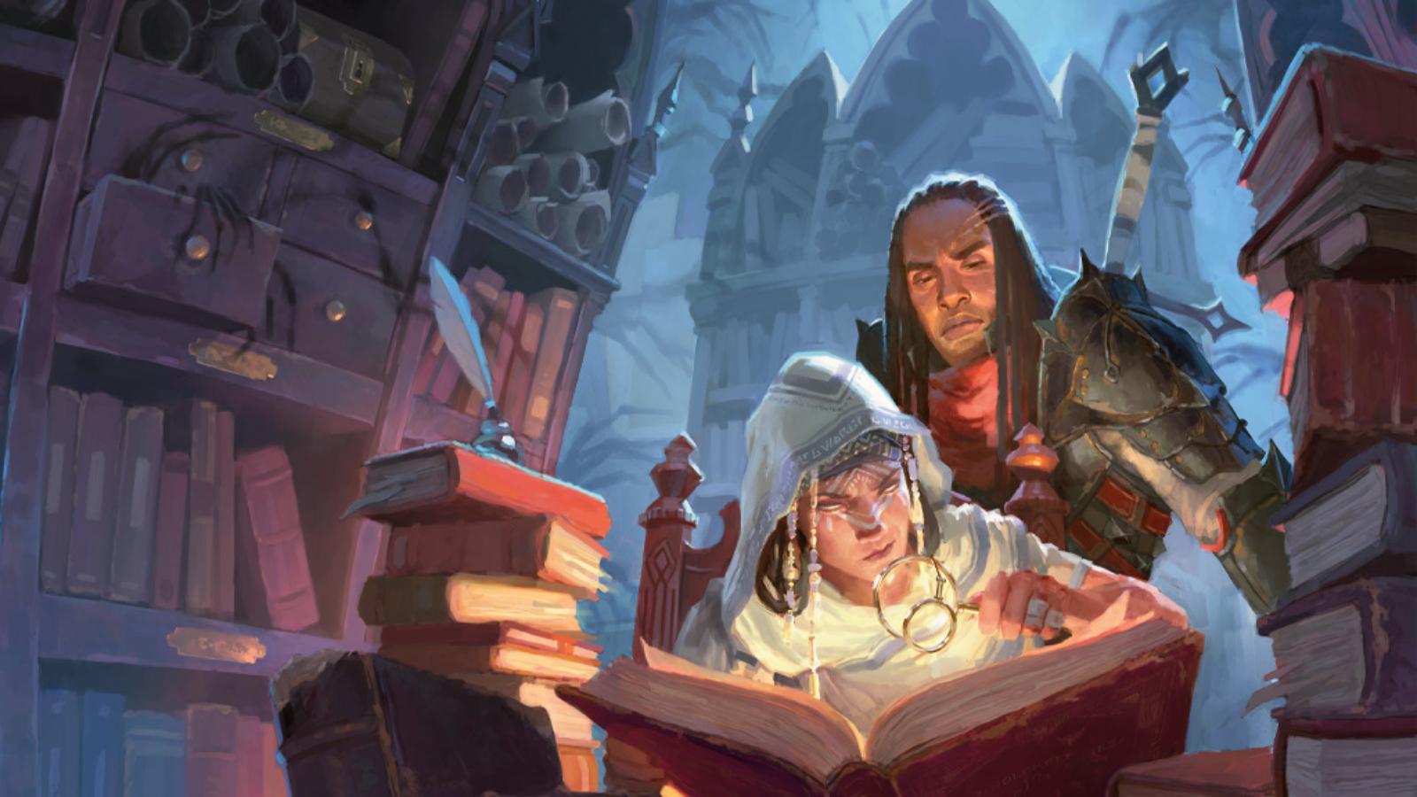 Adventurers search through books in the library of candlekeep