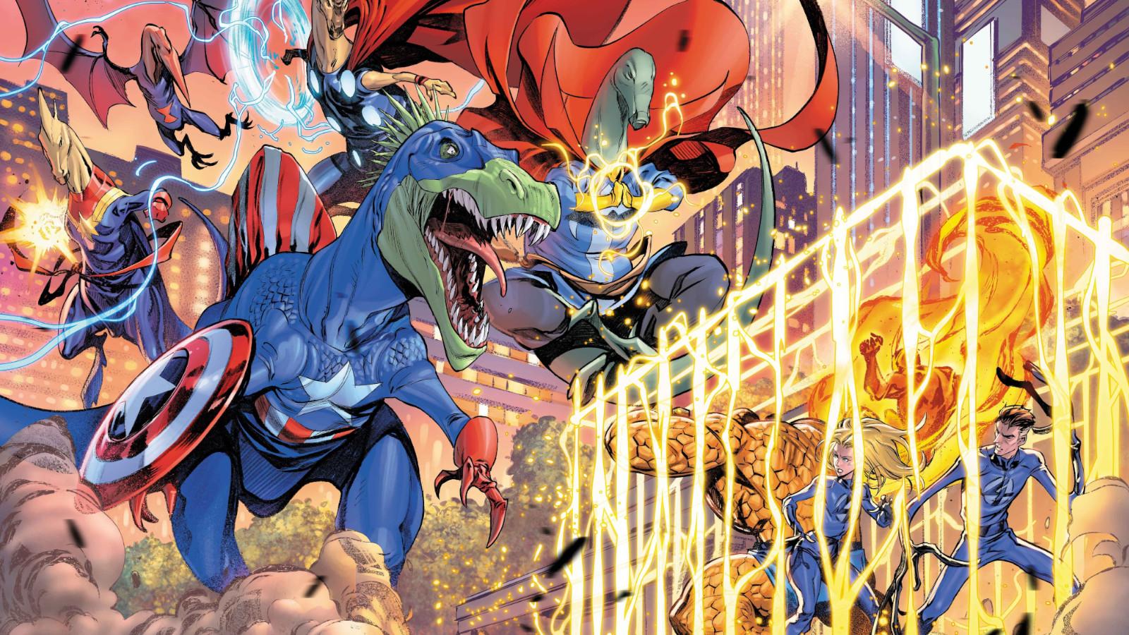 Dinosaur Avengers meet the Fantastic Four
