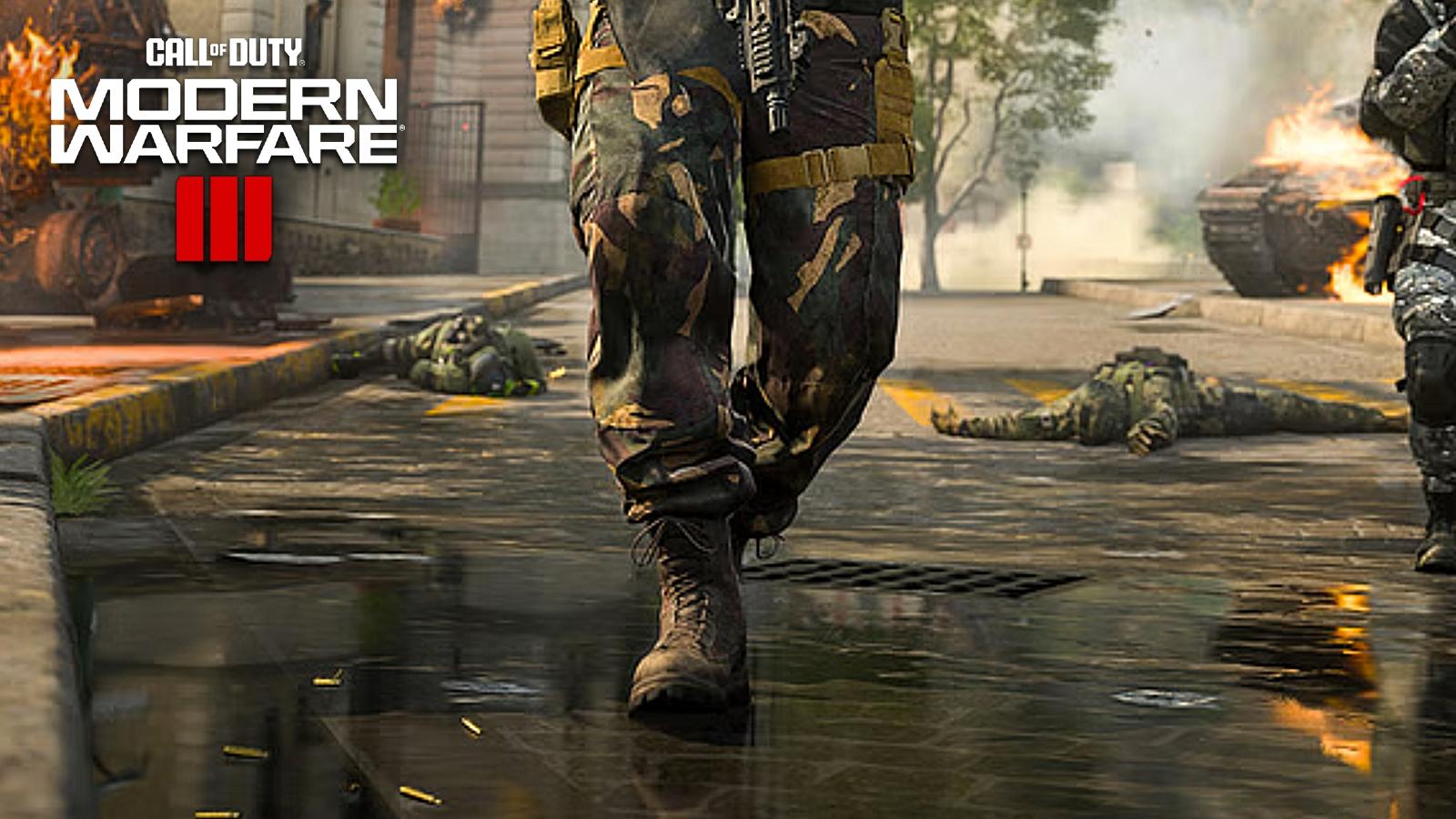 player's running boots in Warzone with Modern Warfare 3 logo in top left corner