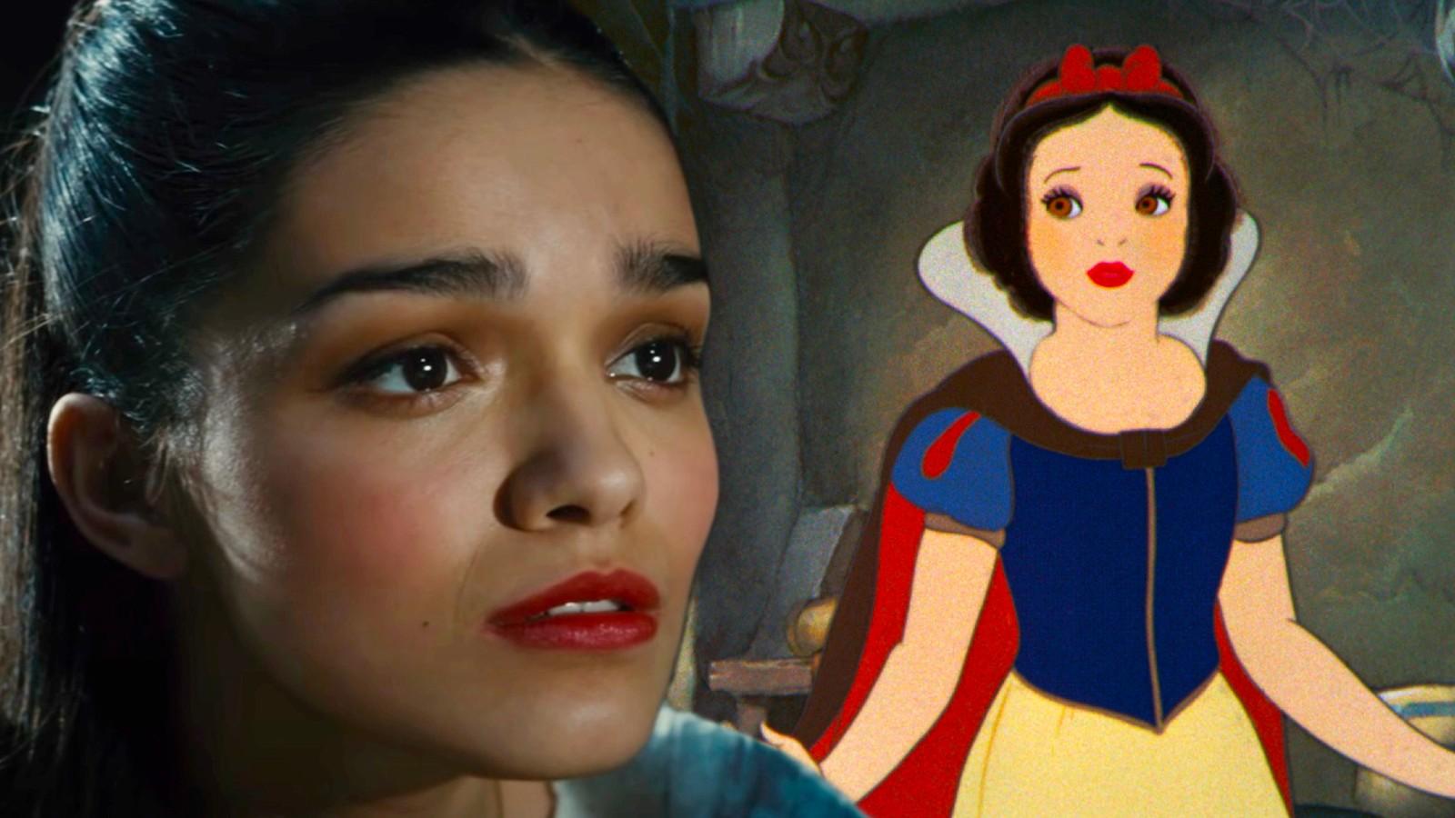 Still of Rachel Zegler in West Side Story and still of original Snow White by Disney