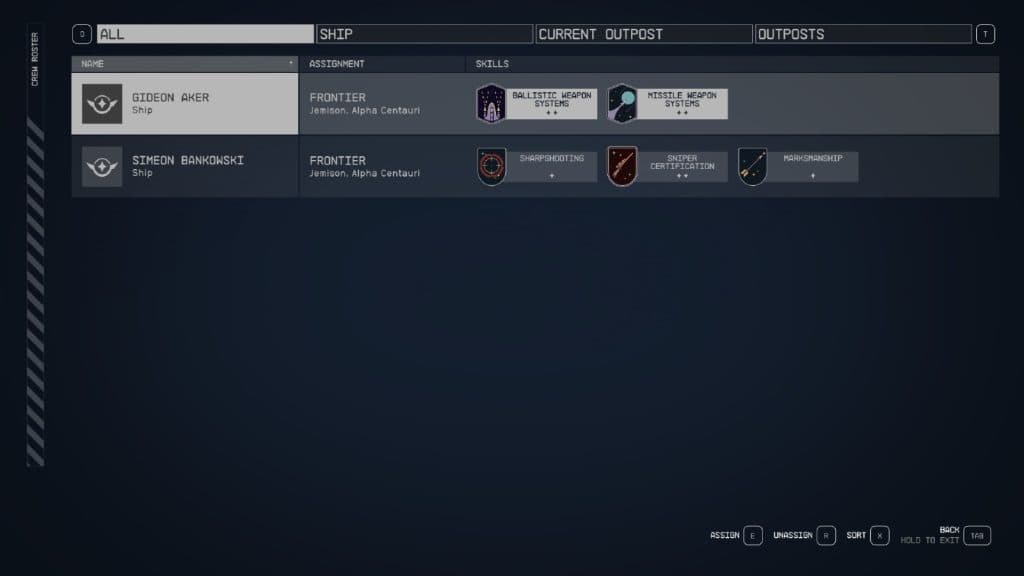 An image of the Crew menu screen in Starfield.
