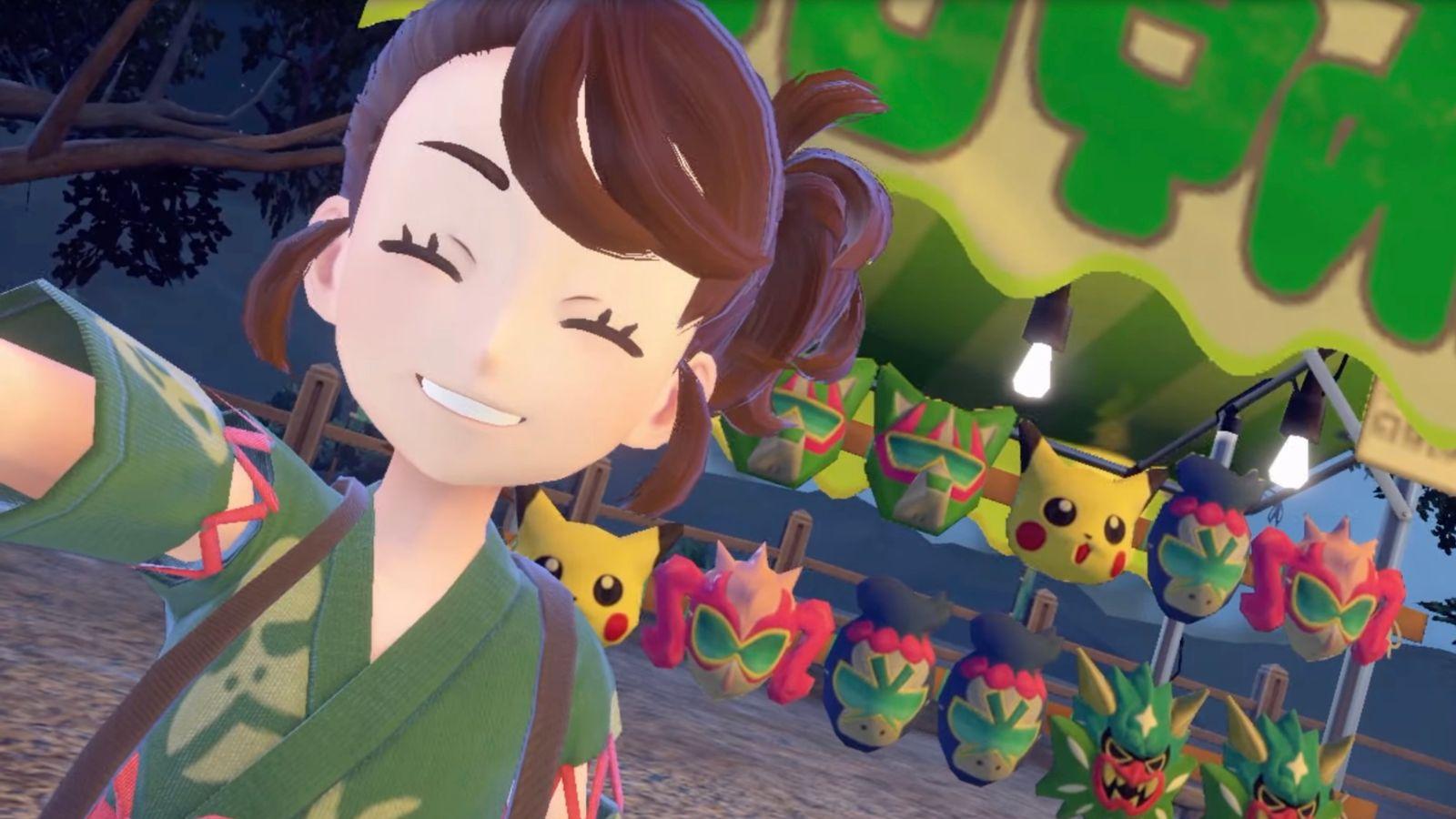 Pokemon Scarlet and Violet trainer poses in front of masks