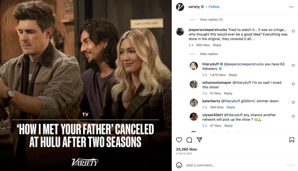 Variety's Instagram post about How I Met Your Father's cancelation