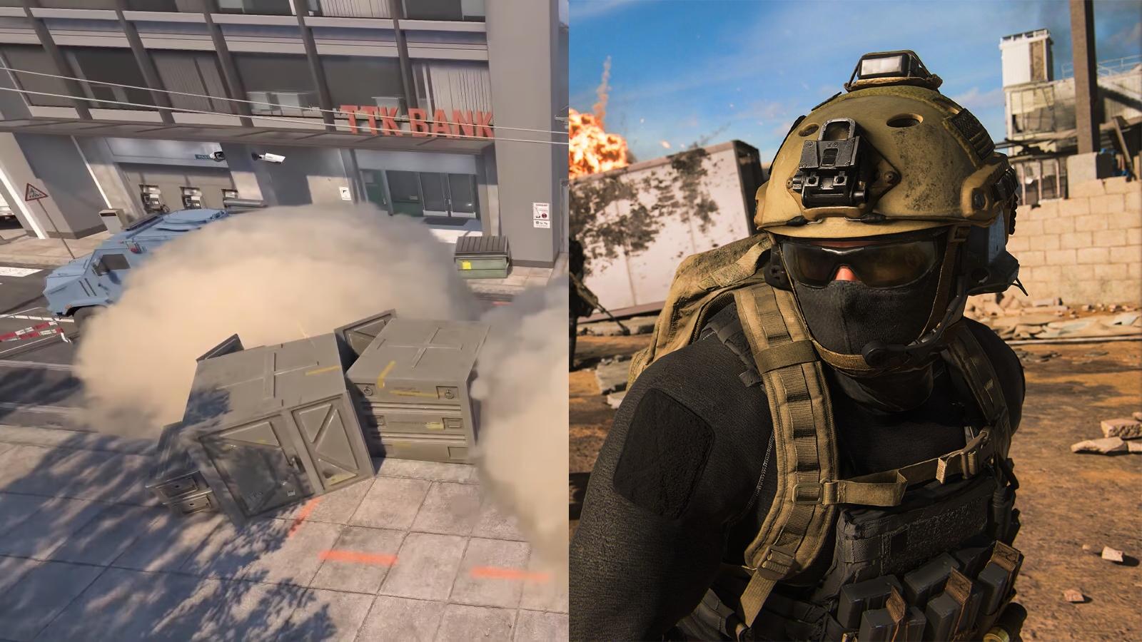 Smoke grenade in CS2 next to image of operator from Warzone