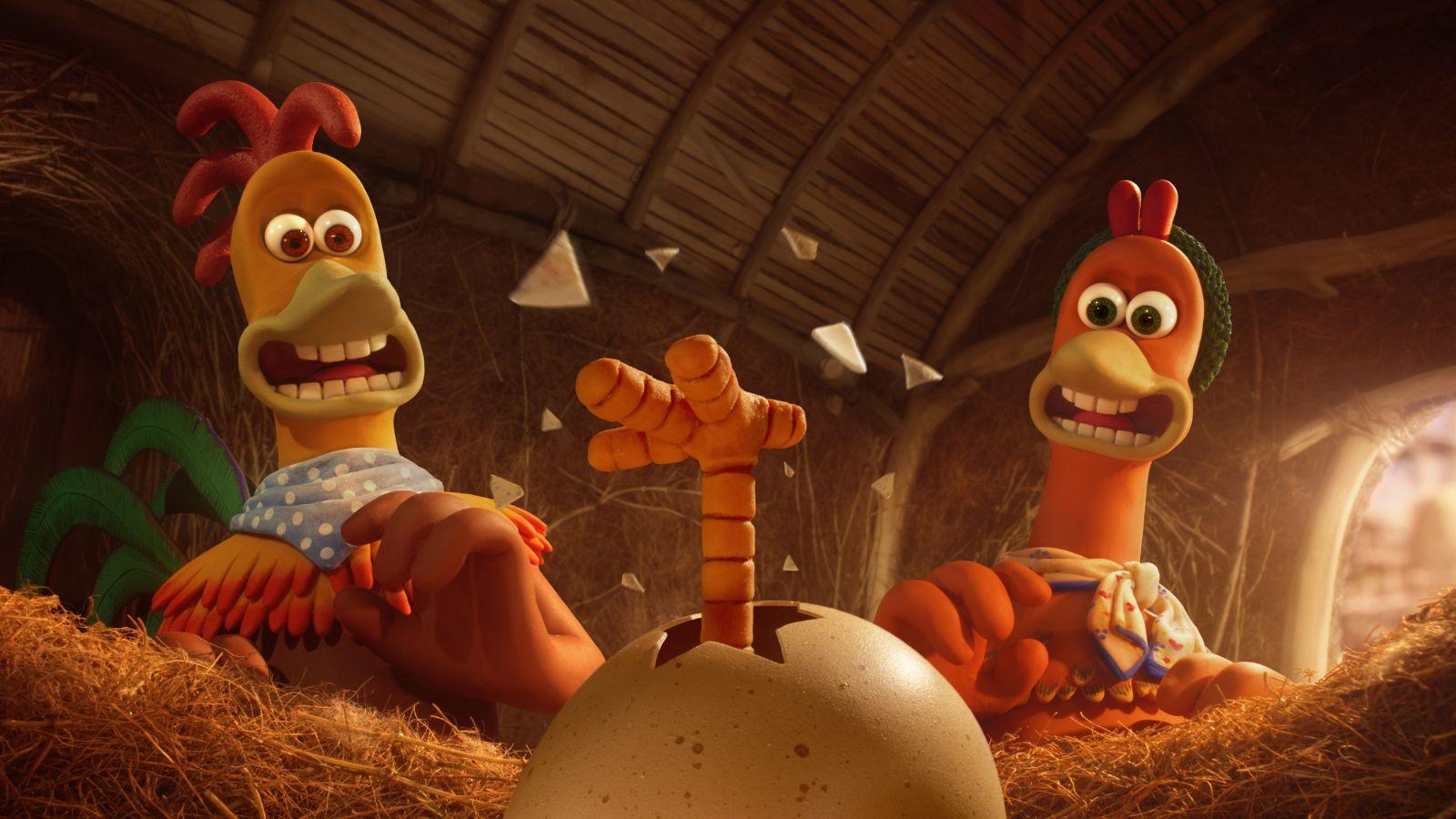 Rocky, Ginger, and their new baby in Chicken Run 2.