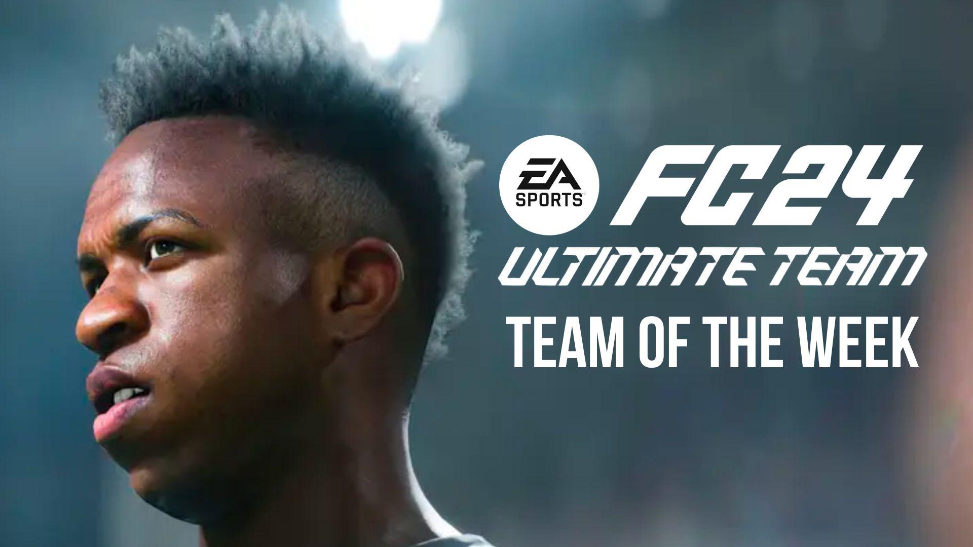 Vinicus Jr in EA SPORTS FC next to text about Team of the Week and Ultimate Team