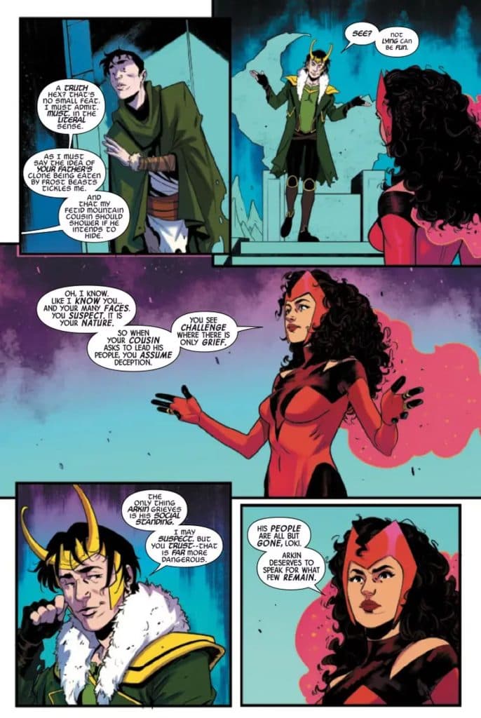 Scarlet Witch hexing Loki to only speak the truth.
