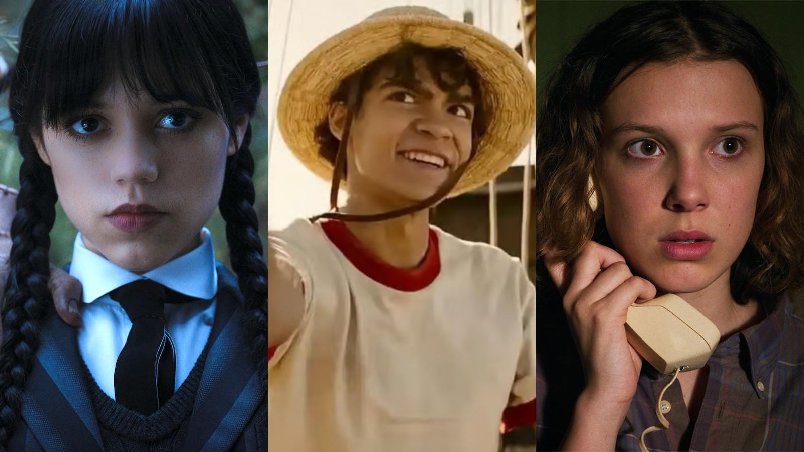 Still from Netflix shows Wednesday, One Piece live-action, and Stranger Things