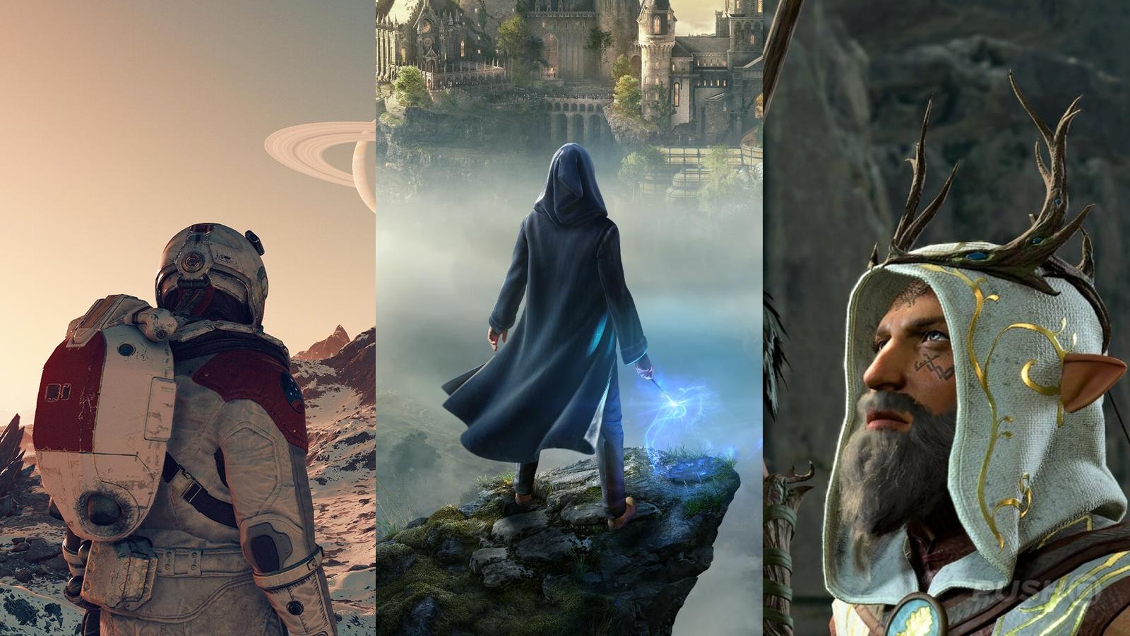 three-way split image of Starfield, Hogwarts Legacy and Baldur's Gate 3