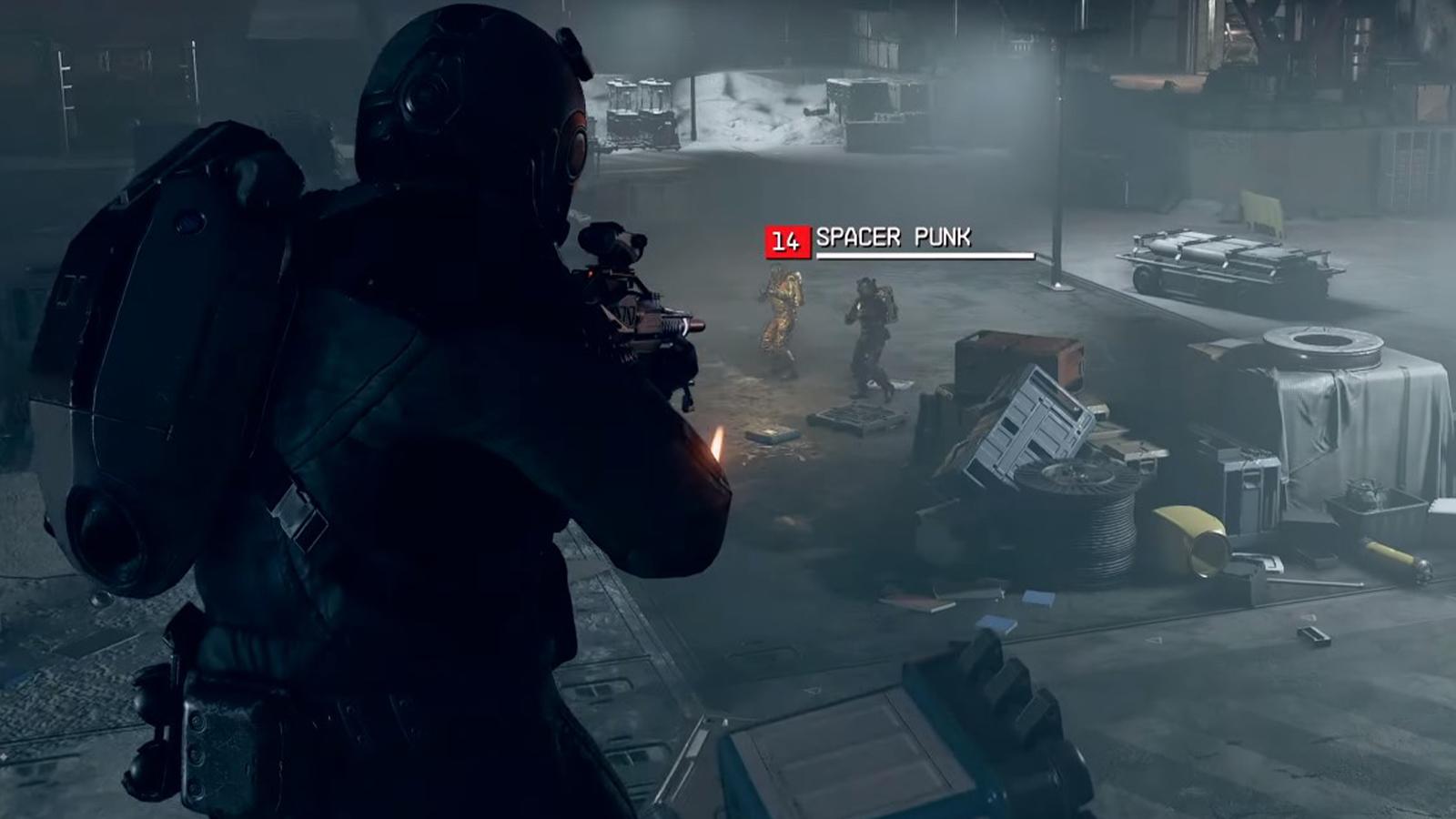 an image of a character from Starfield shooting an enemy while elevated